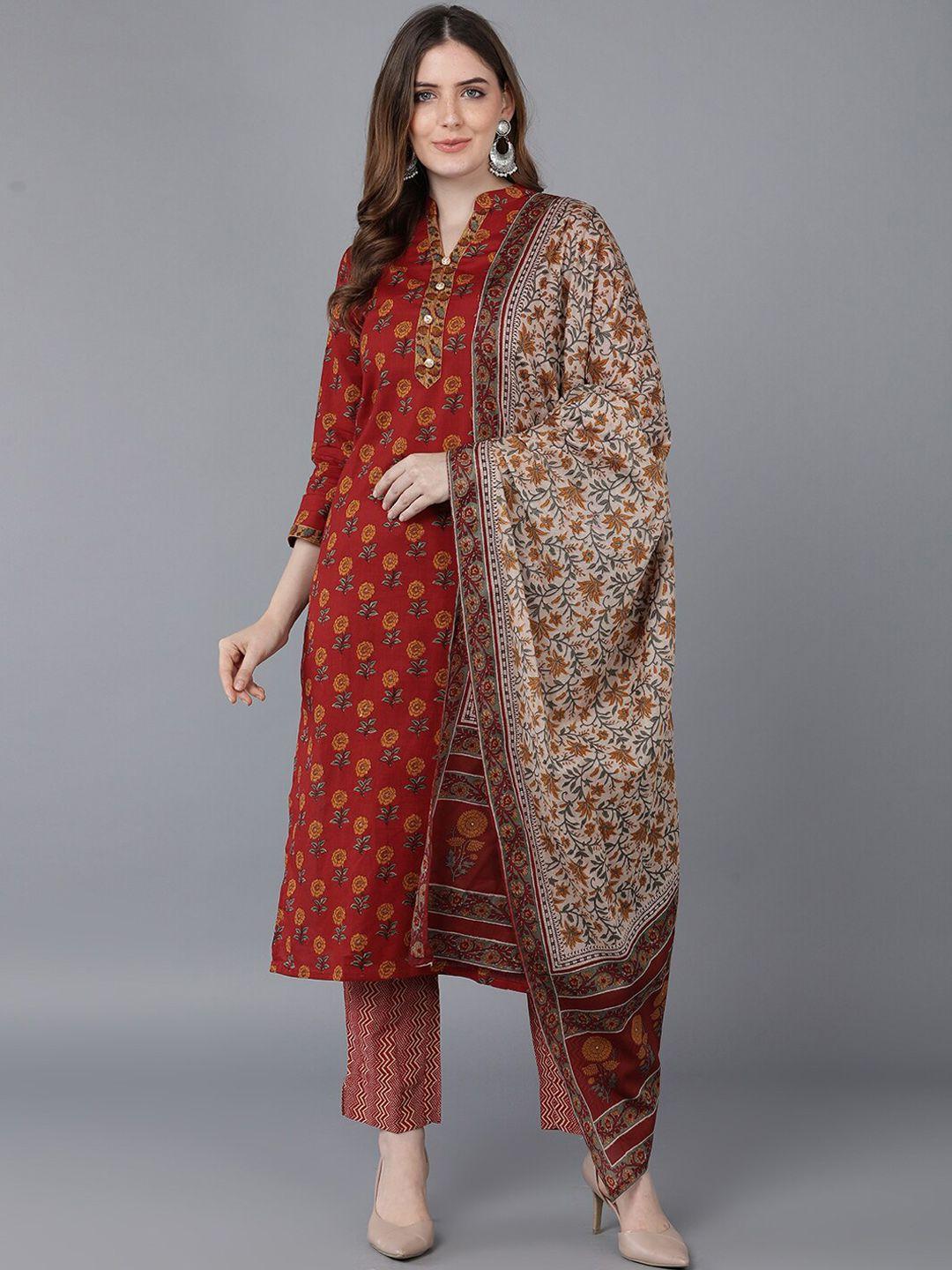 kalini floral printed regular pure cotton straight kurta with trousers & dupatta