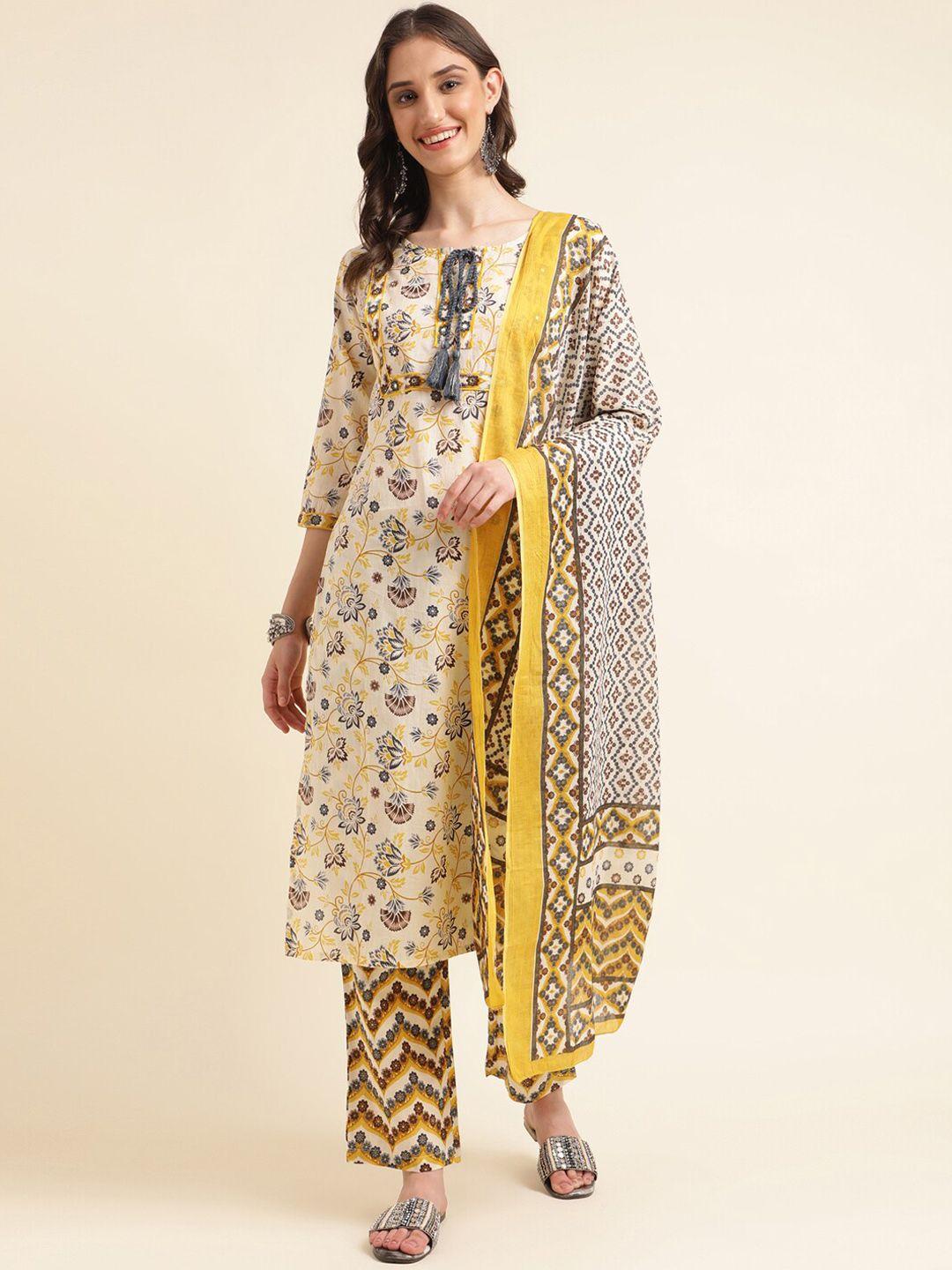 kalini floral printed regular sequinned pure cotton kurta with trousers & dupatta