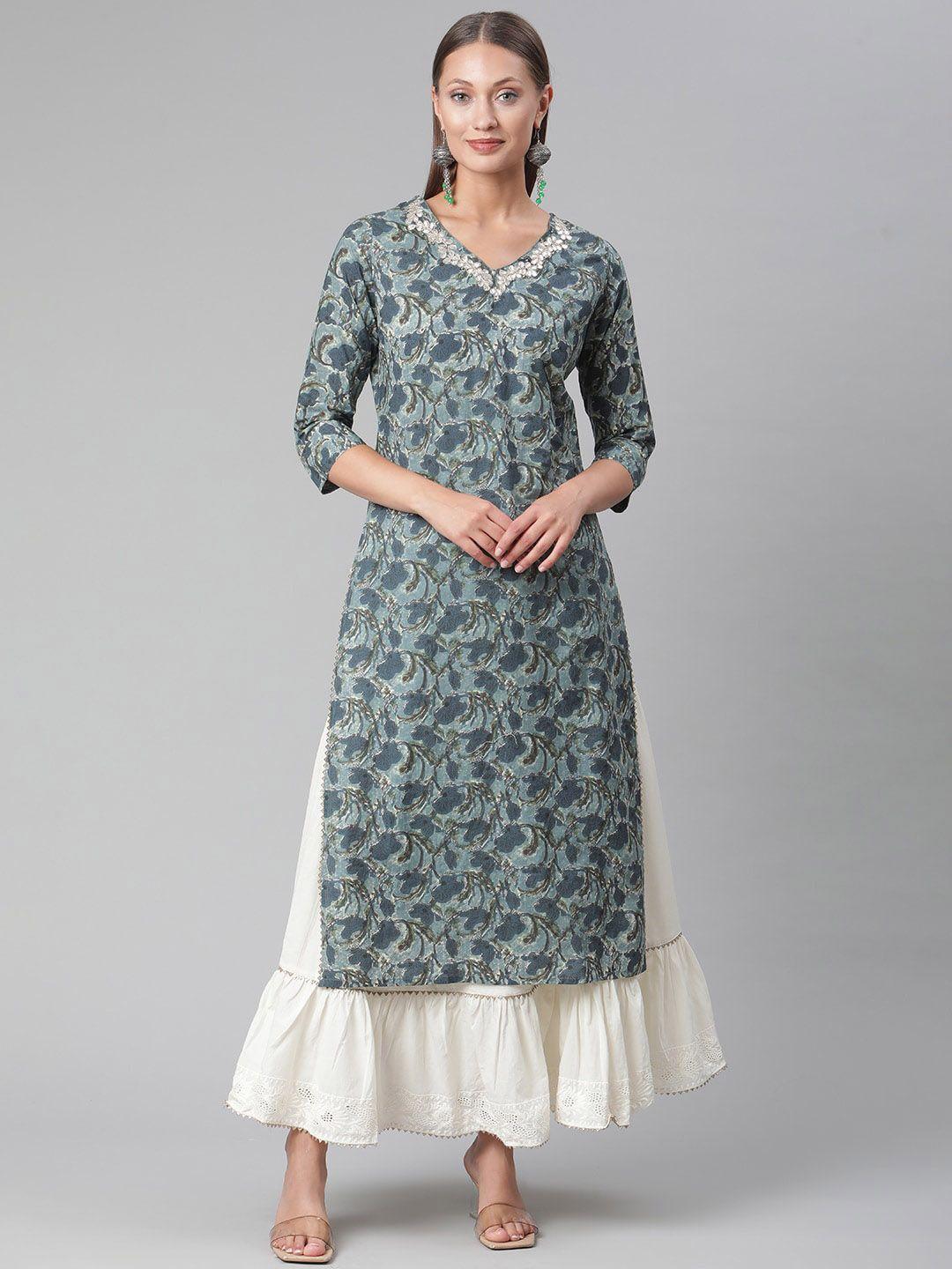 kalini floral printed regular v-neck thread work pure cotton straight kurta with skirt