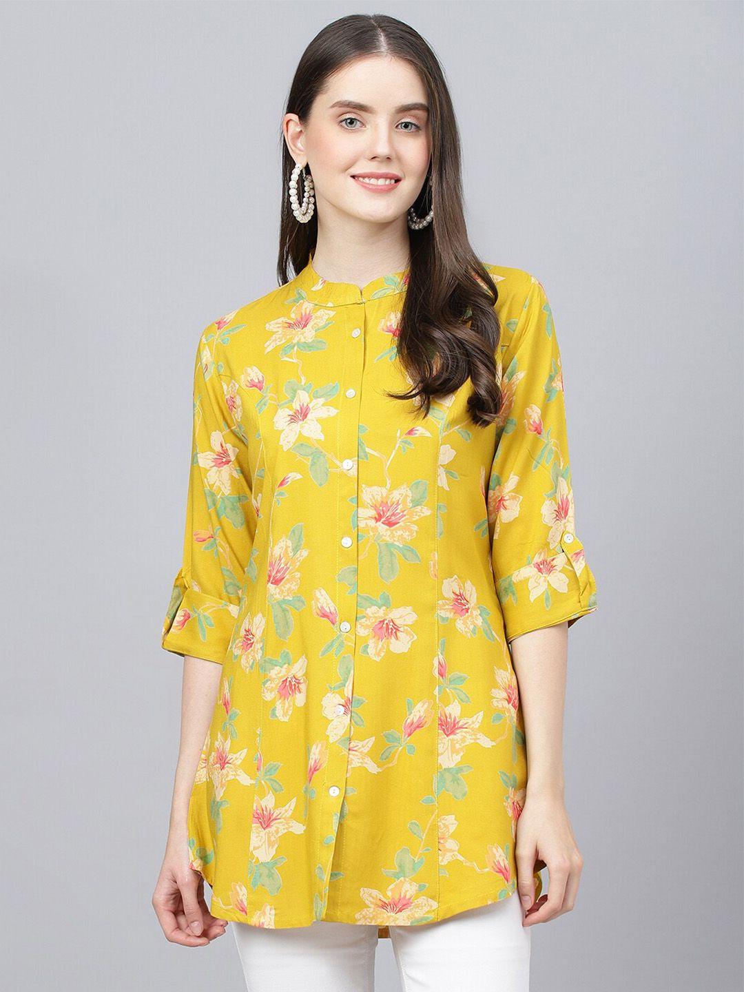 kalini floral printed roll-up sleeves shirt style longline top