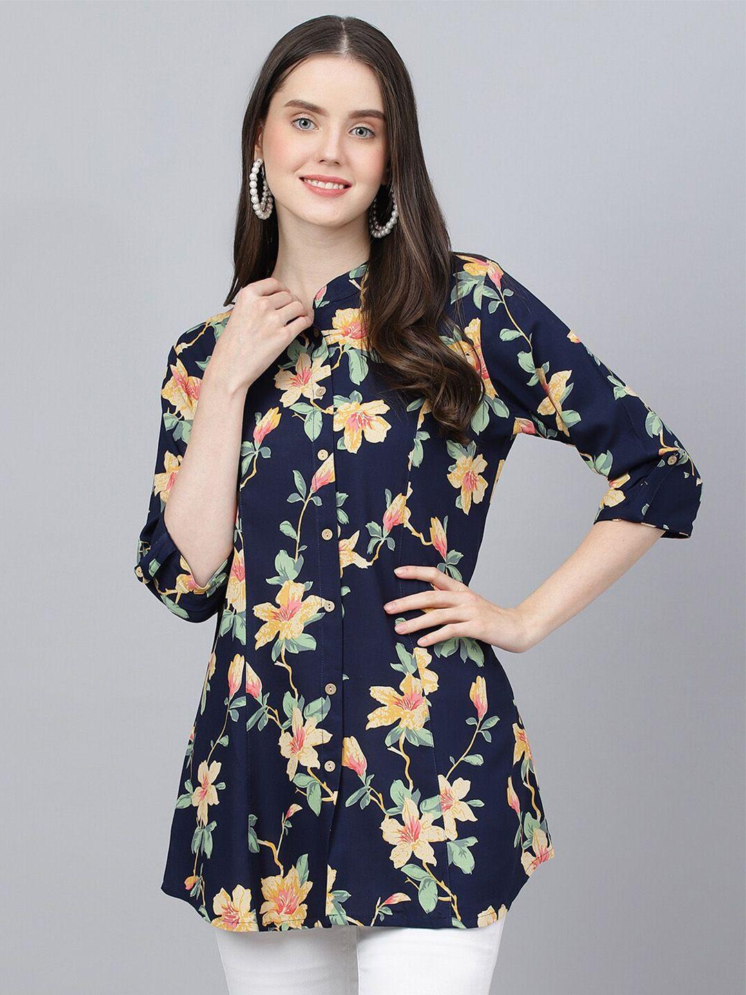 kalini floral printed roll-up sleeves shirt style longline top