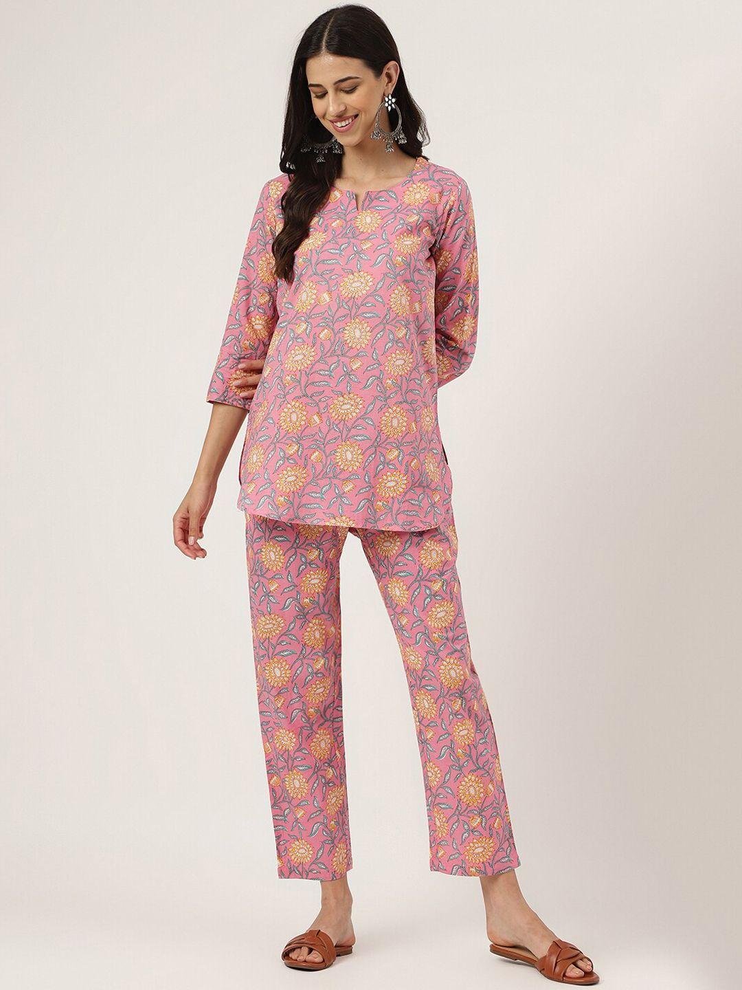 kalini floral printed round neck a-line pure cotton kurti with trousers