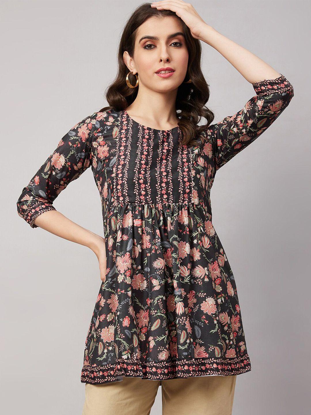 kalini floral printed round neck chinon pleated a-line kurti