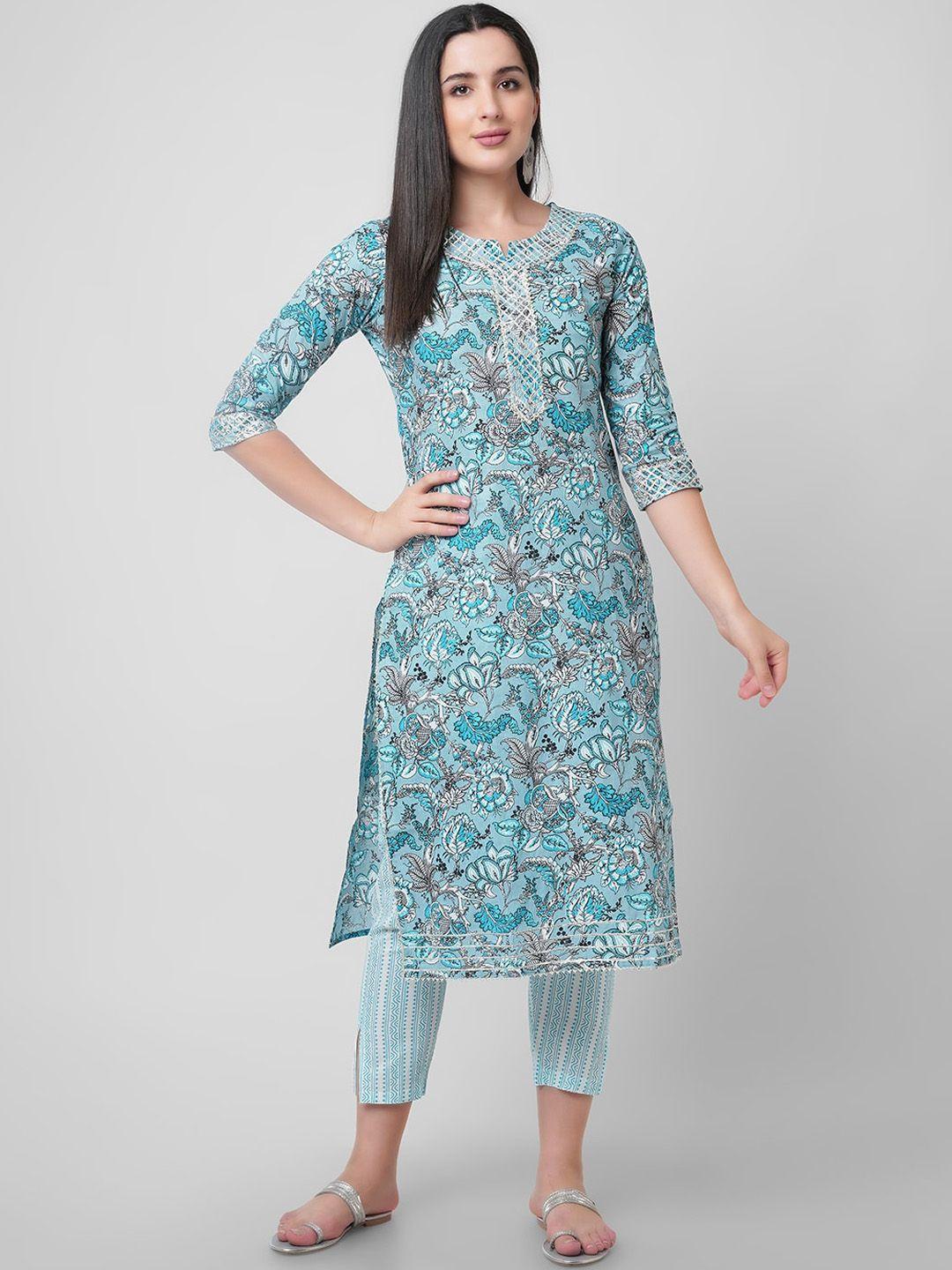 kalini floral printed round neck gotta patti pure cotton kurta with trousers