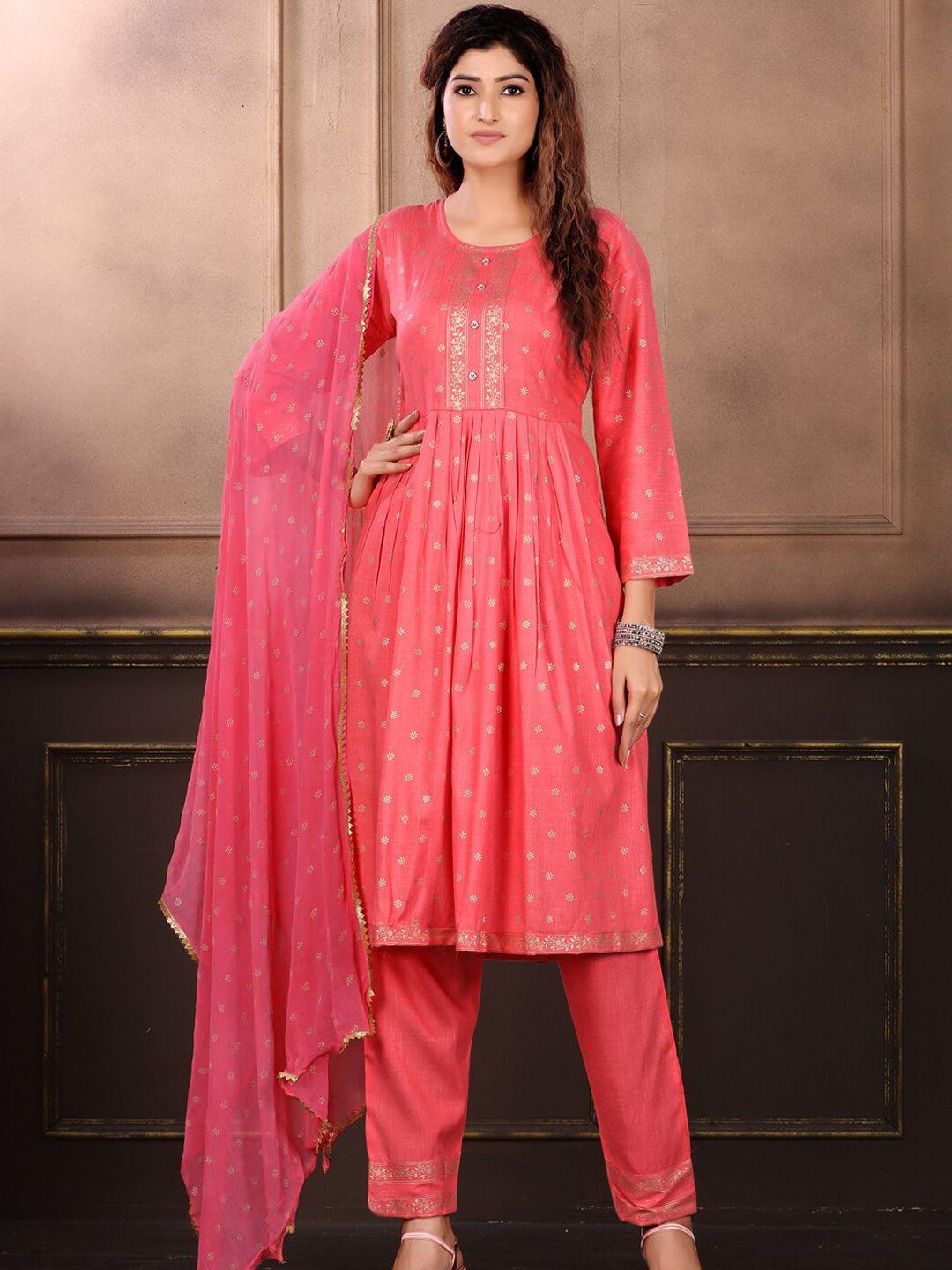 kalini floral printed round neck pleated a-line kurta & trousers with dupatta