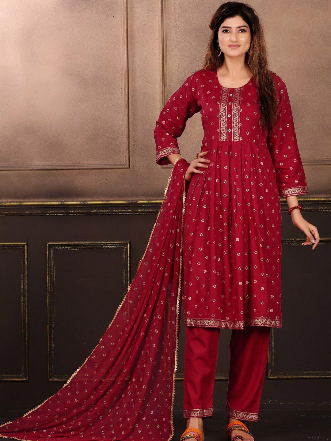 kalini floral printed round neck pleated a-line kurta & trousers with dupatta