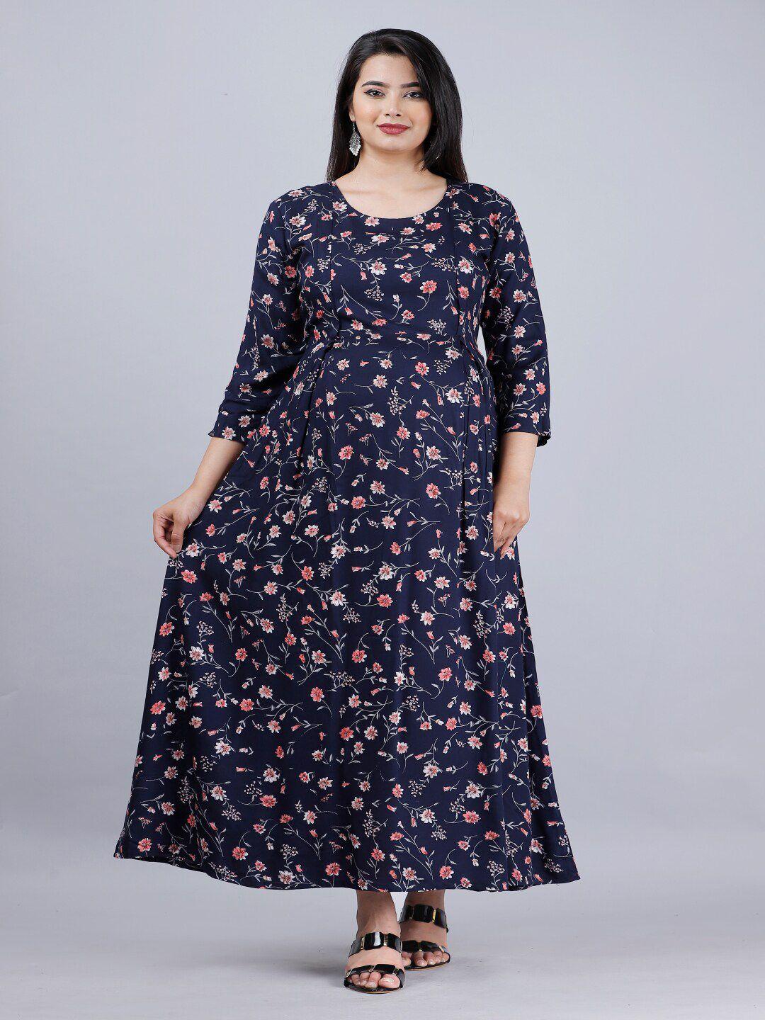 kalini floral printed round neck pleated maternity fit & flare maxi dress