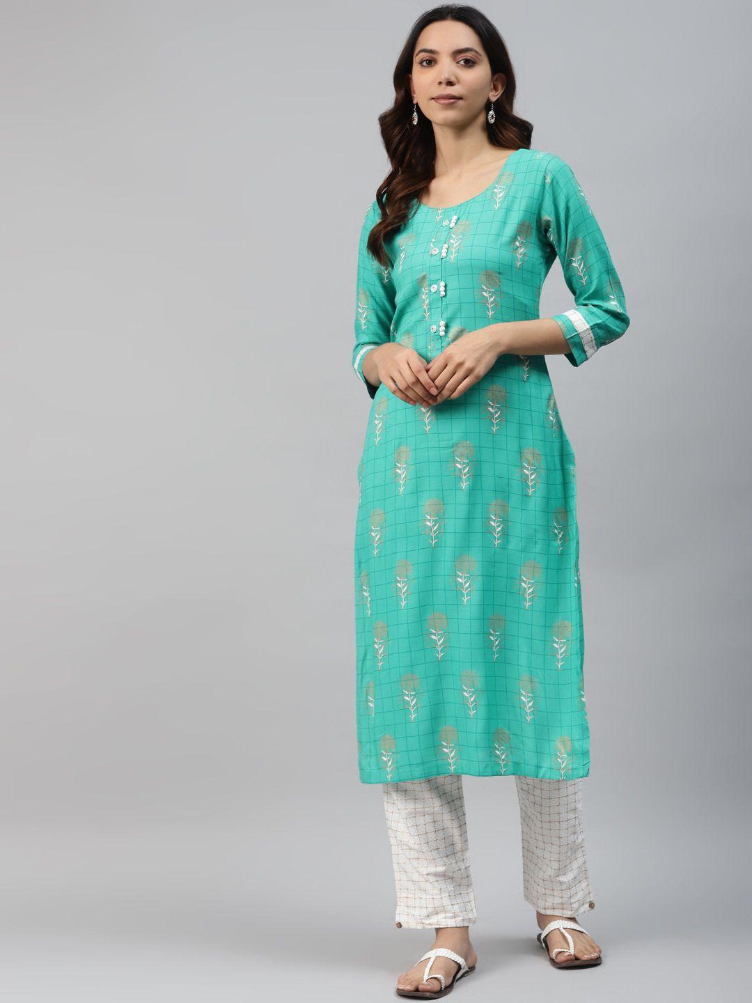 kalini floral printed round neck pure cotton kurta with trousers