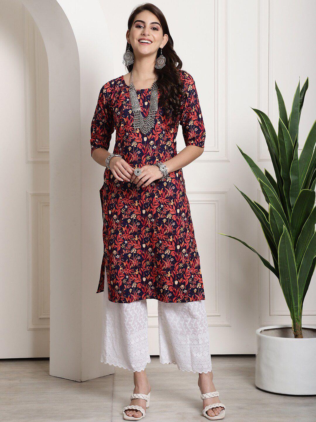 kalini floral printed round neck straight crepe kurta