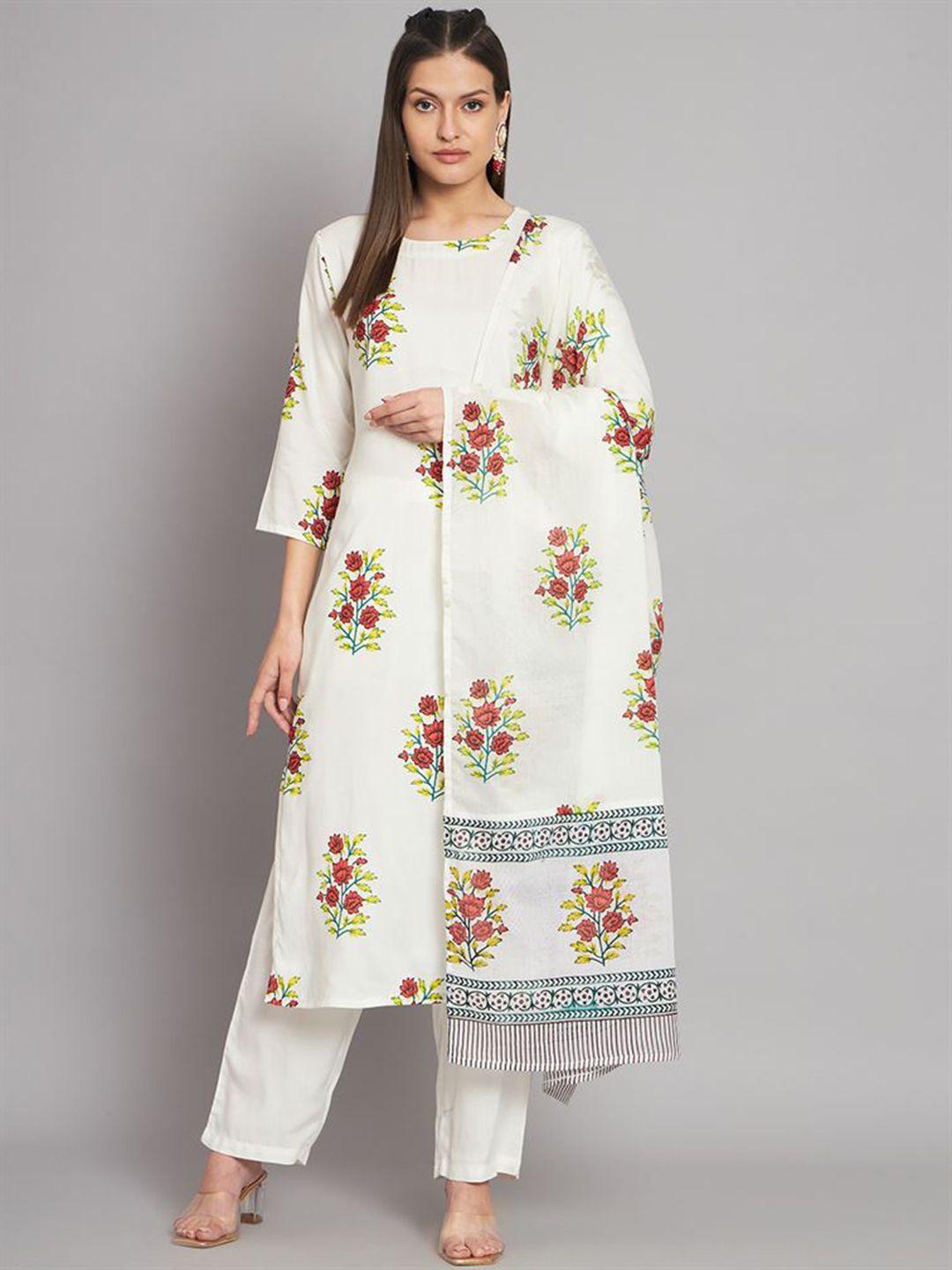 kalini floral printed round neck straight kurta with trousers & dupatta