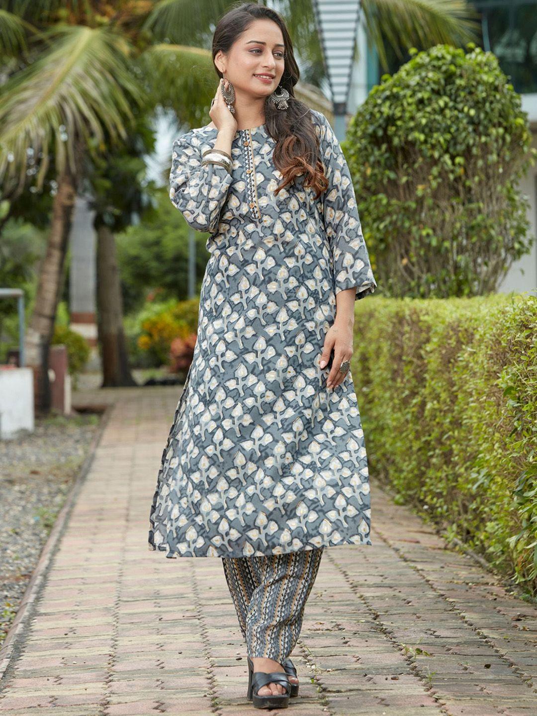 kalini floral printed round neck straight kurta with trousers