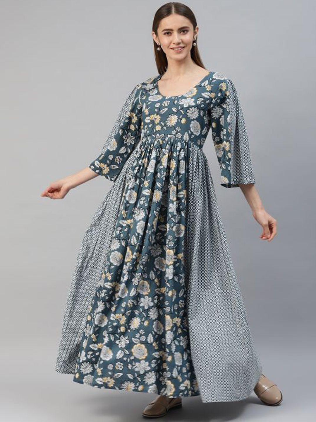 kalini floral printed scoop neck puff sleeves cotton flared anarkali kurta