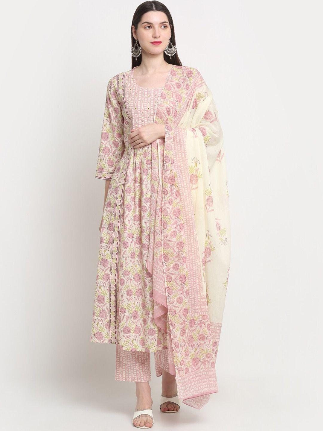 kalini floral printed sequined a-line pure cotton kurta with trousers & dupatta