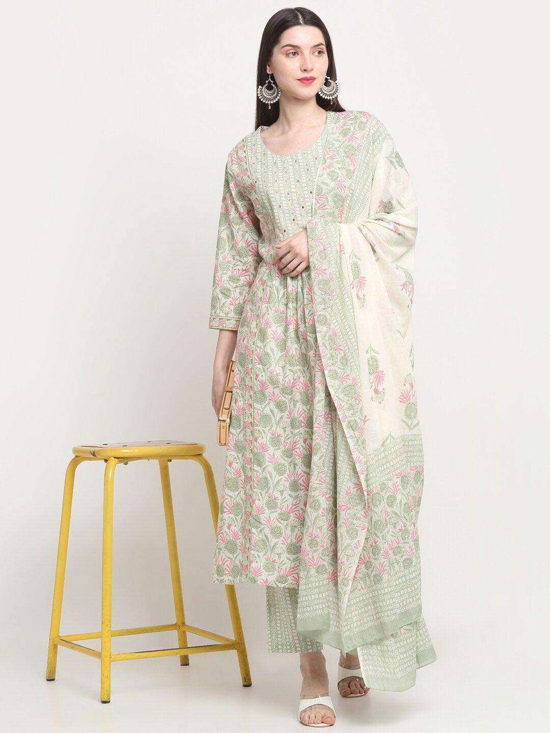 kalini floral printed sequined a-line pure cotton kurta with trousers & dupatta