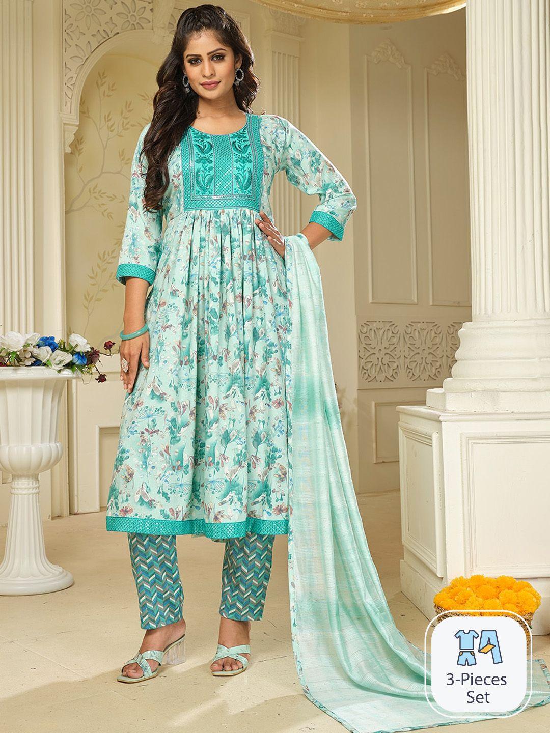 kalini floral printed sequined pleated a-line kurta & trousers with dupatta