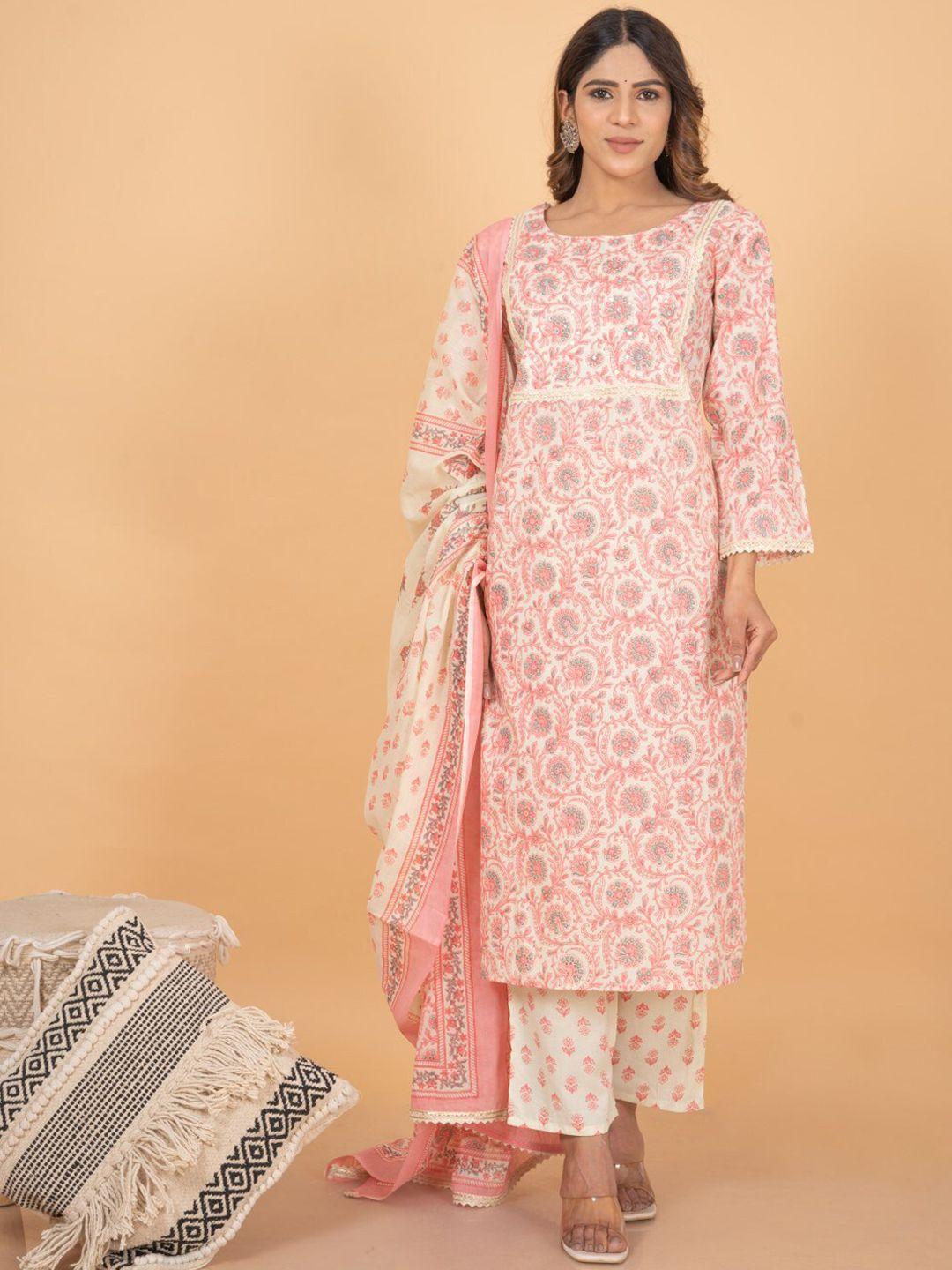 kalini floral printed sequined pure cotton kurta with trousers & dupatta