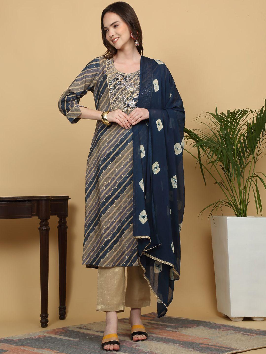 kalini floral printed sequinned chanderi silk straight kurta with trousers & dupatta