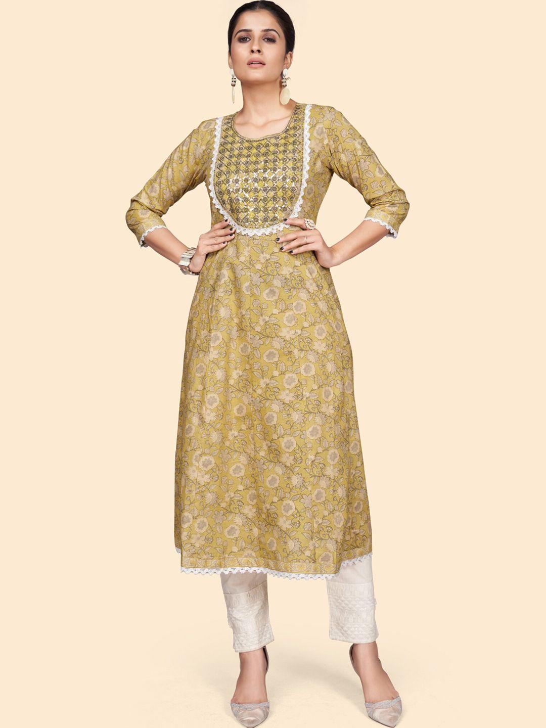 kalini floral printed sequinned cotton a-line kurta