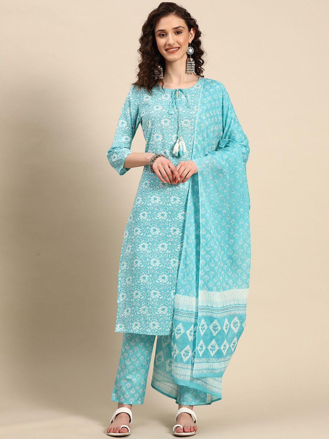 kalini floral printed sequinned detail pure cotton straight kurta & trouser with dupatta