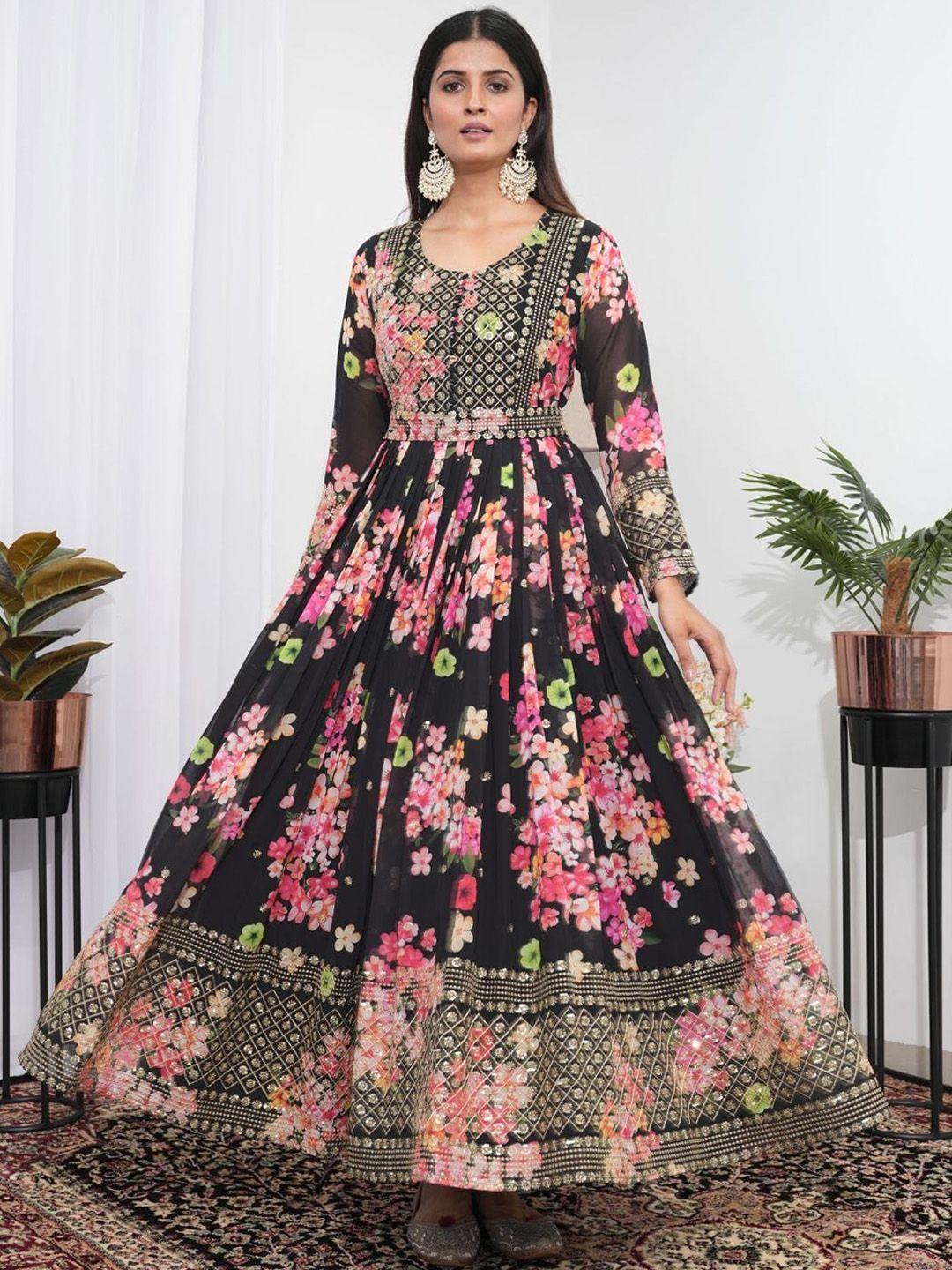 kalini floral printed sequinned fit & flared maxi ethnic dress