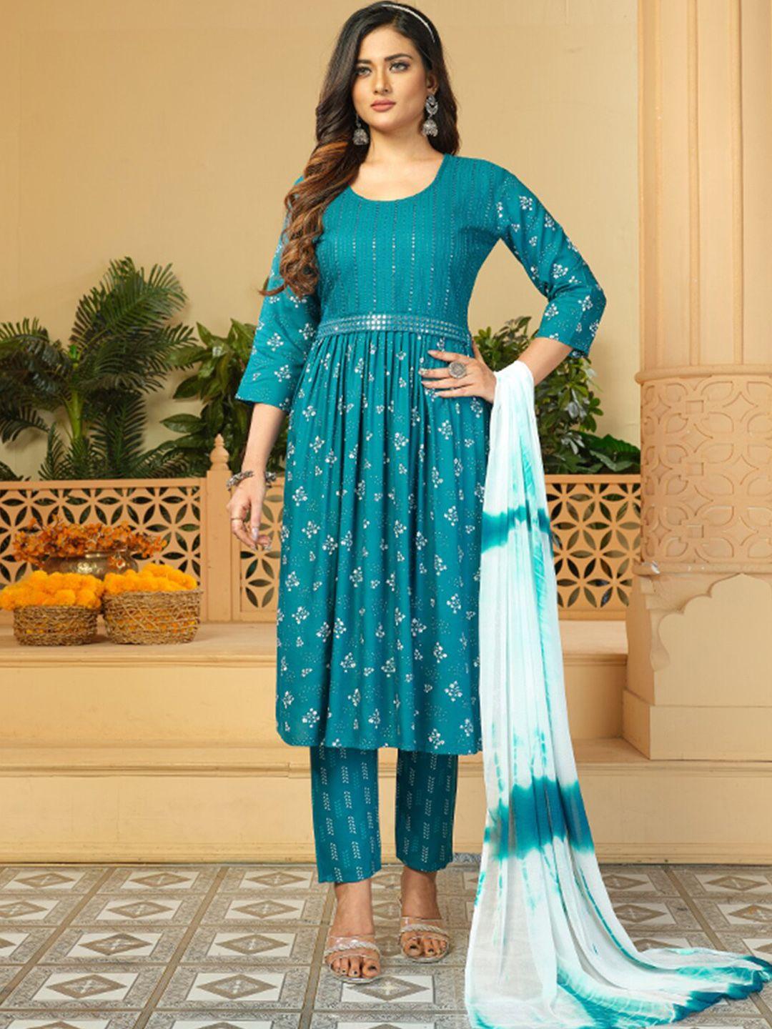 kalini floral printed sequinned pleated mirror work a-line kurta with trousers & dupatta