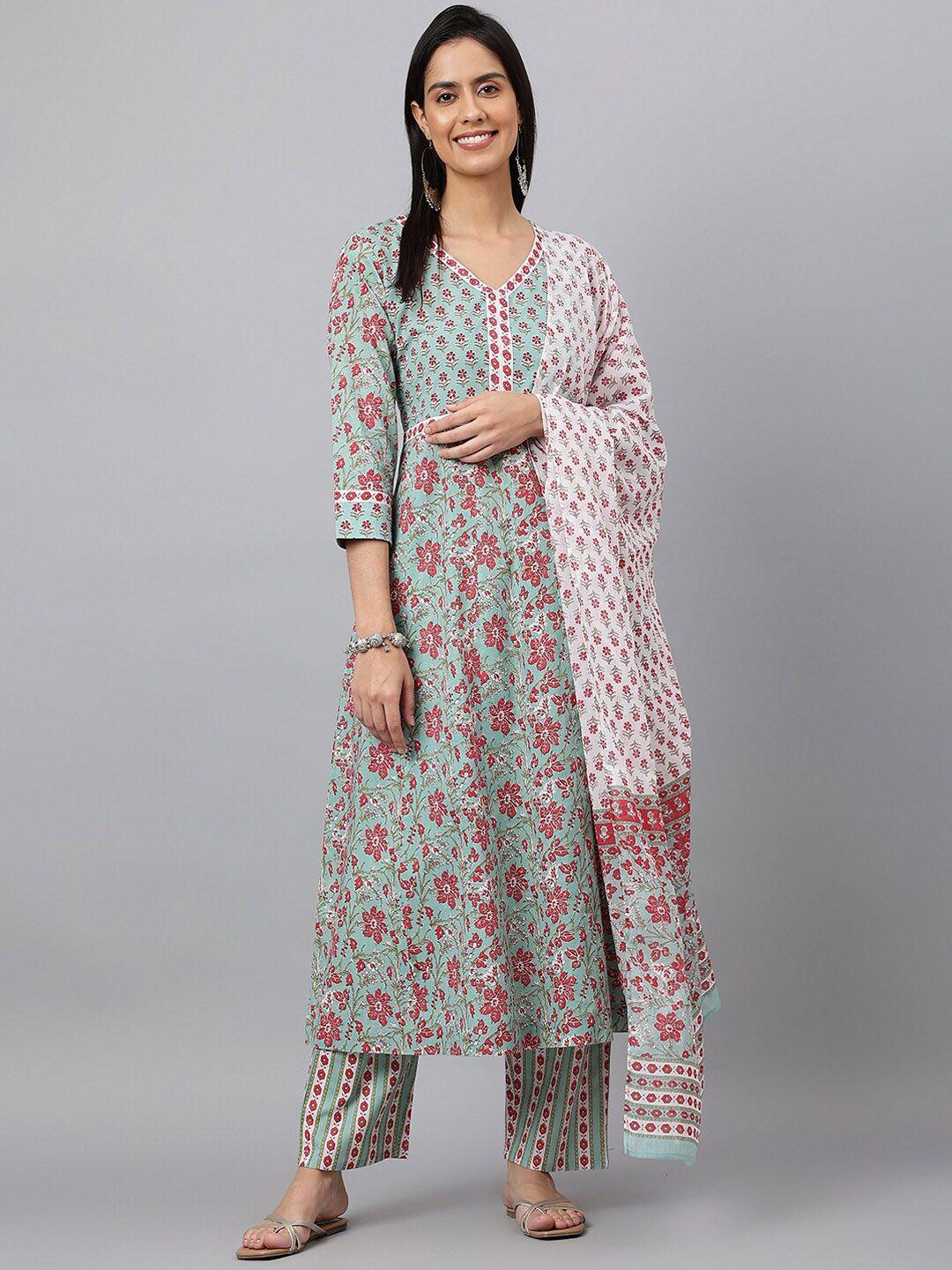 kalini floral printed sequinned pure cotton a-line kurta with trousers & dupatta