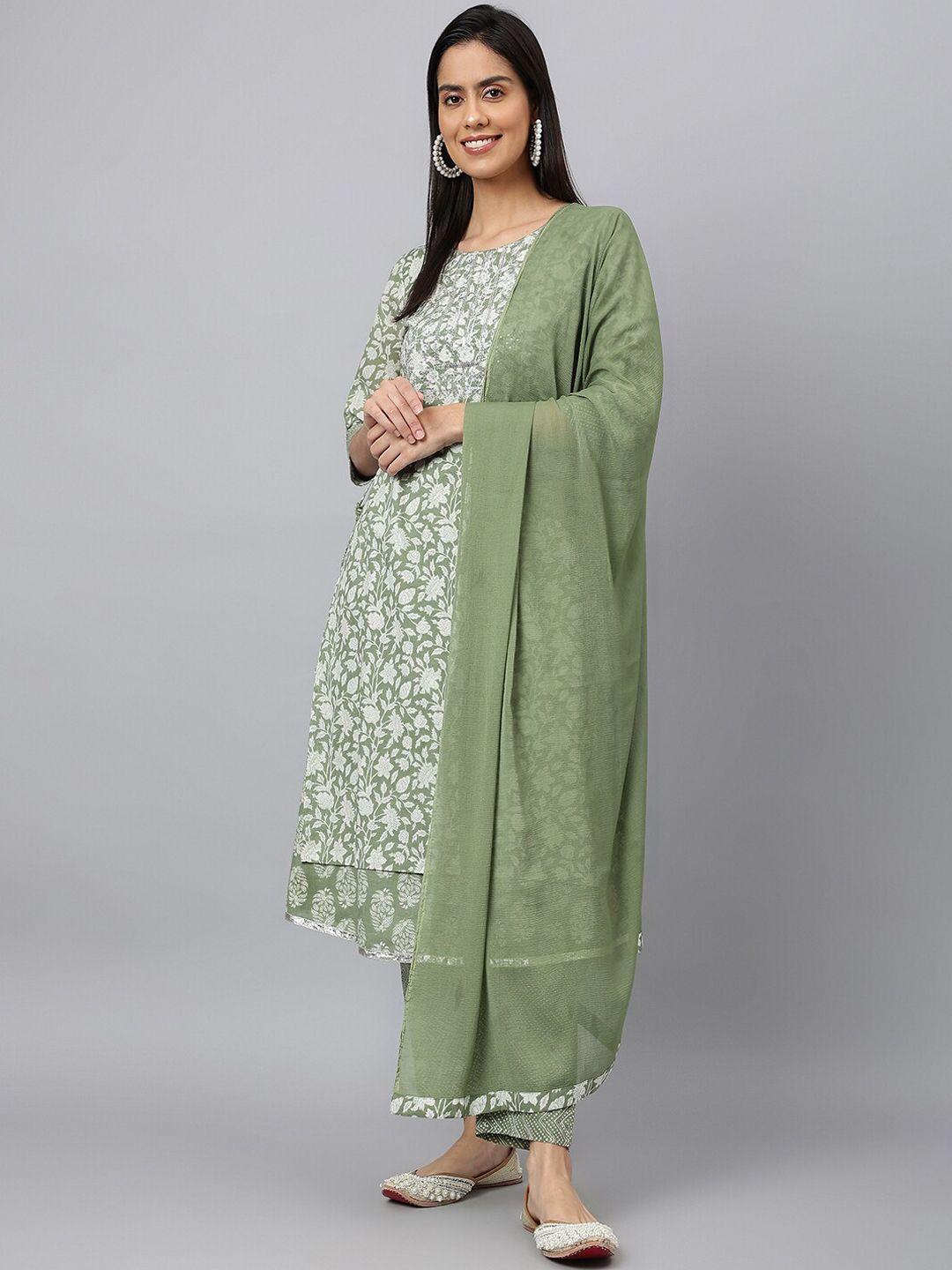 kalini floral printed sequinned pure cotton a-line kurta with trousers & dupatta