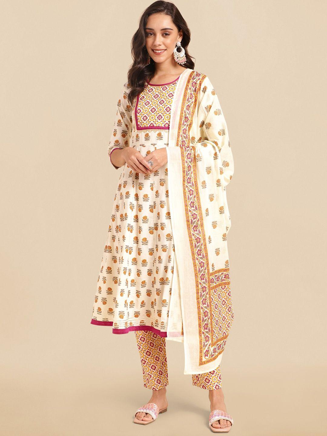 kalini floral printed sequinned pure cotton anarkali kurta with trousers & dupatta