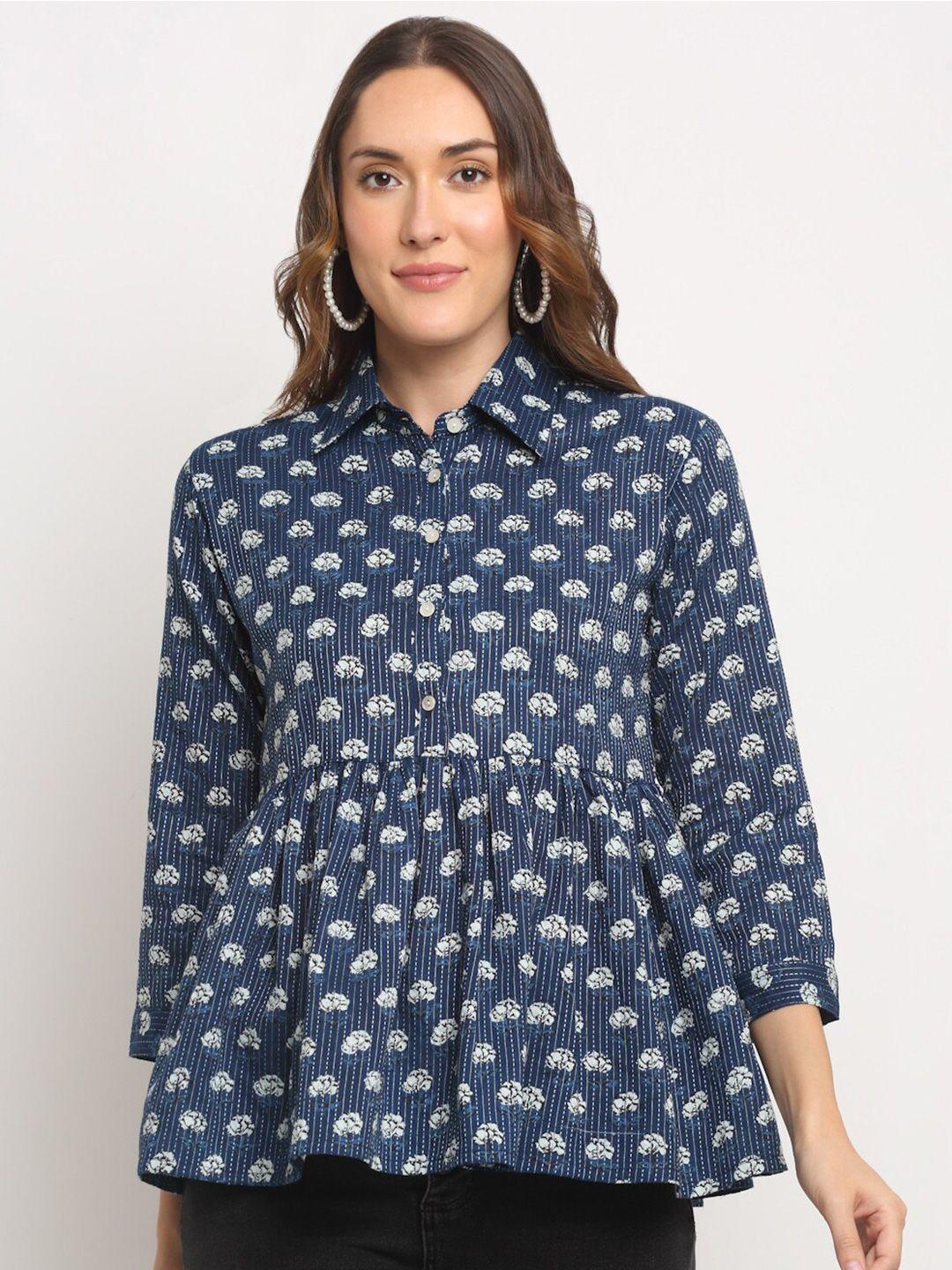 kalini floral printed shirt collar gathered cotton shirt style top