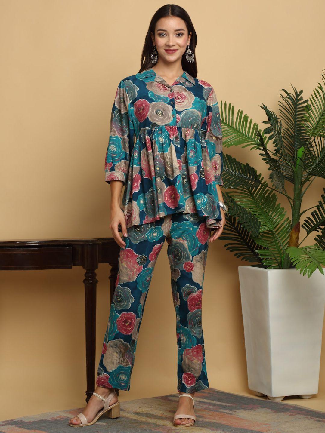 kalini floral printed shirt collar tunic top with flared trousers co-ords