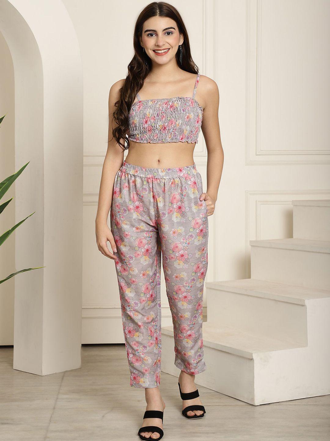 kalini floral printed shoulder straps crop top with trousers & coat