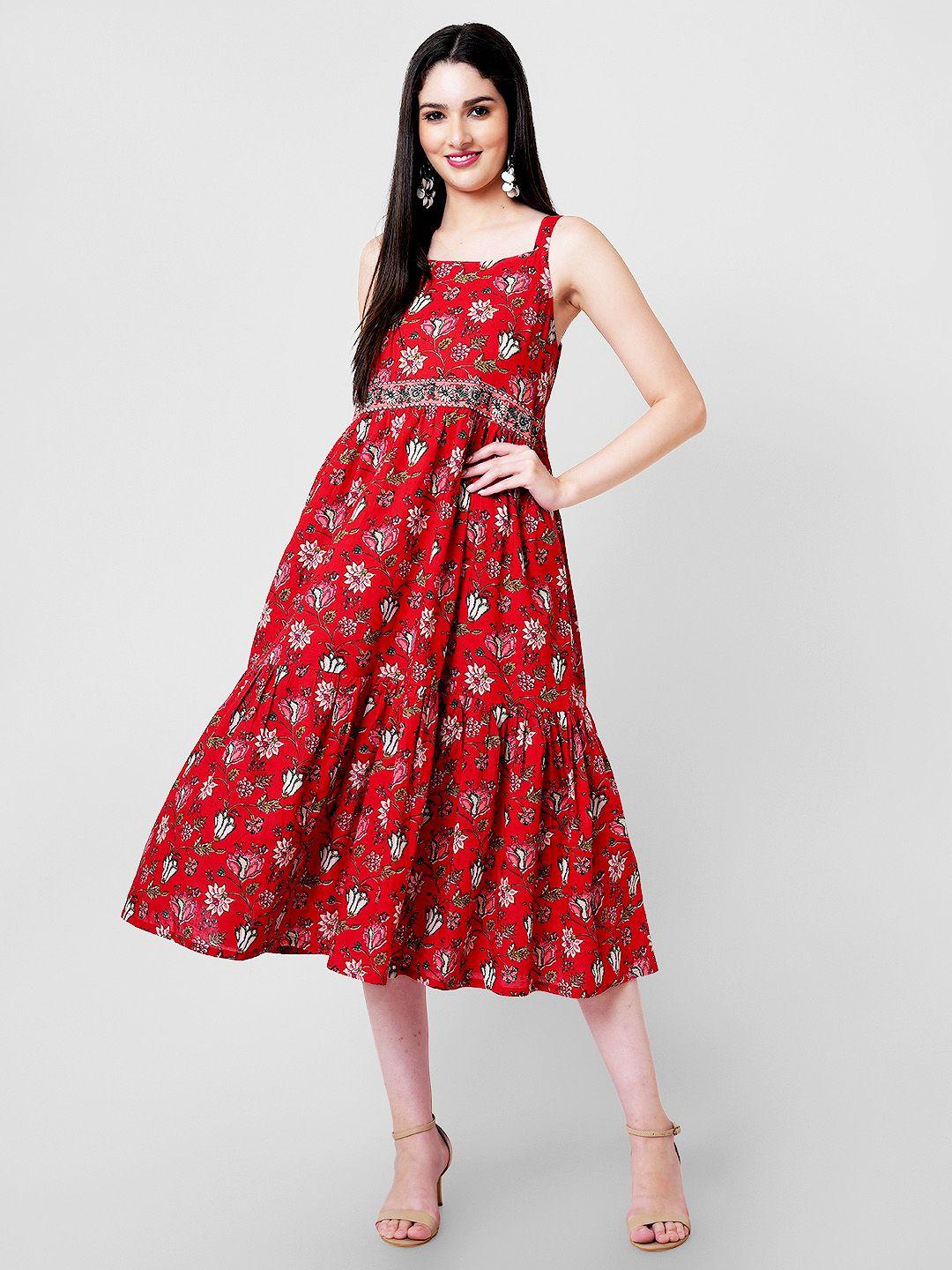 kalini floral printed shoulder straps gathered tiered pure cotton fit & flare midi dress