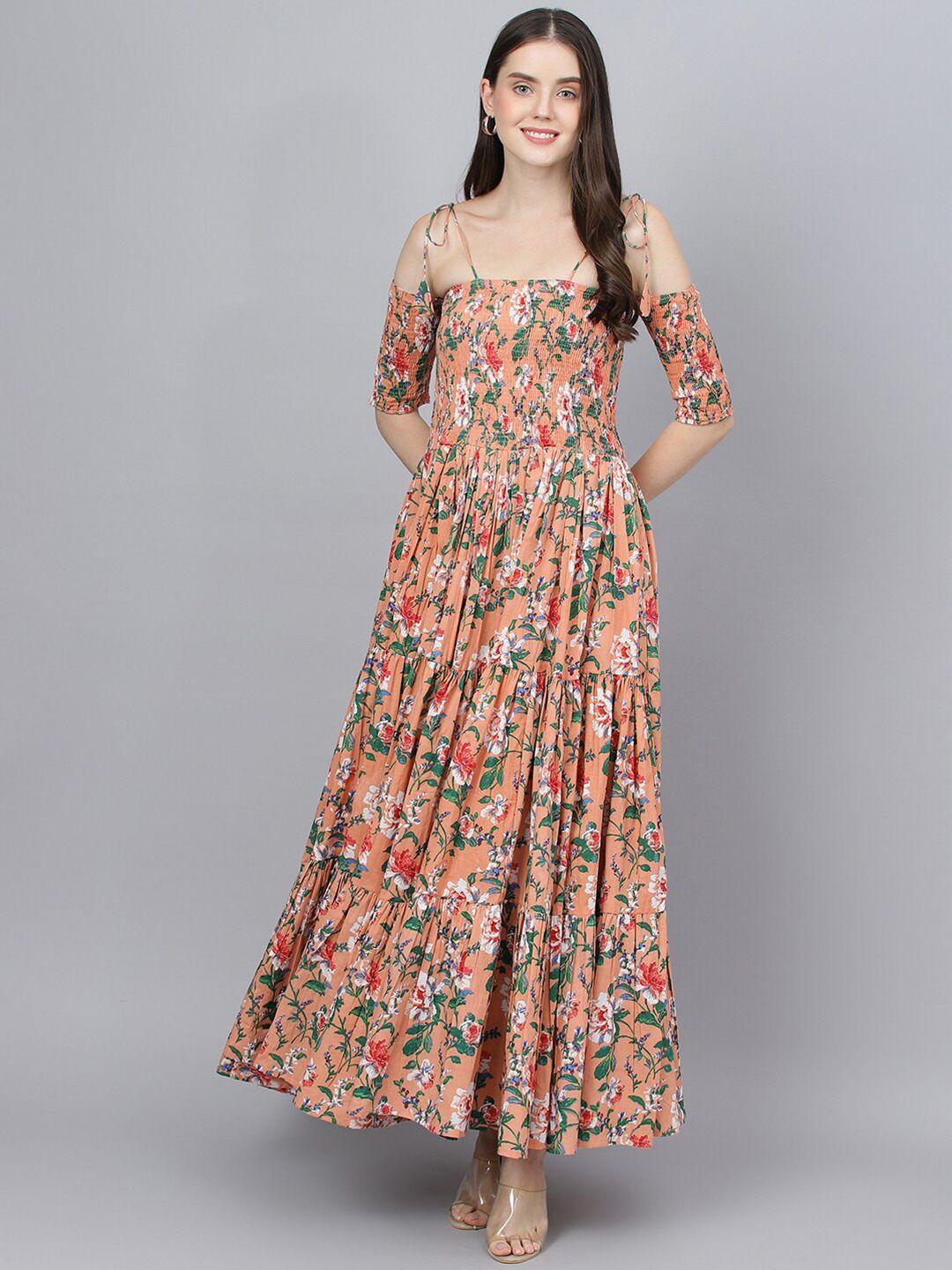 kalini floral printed shoulder straps smocked tiered cotton maxi dress