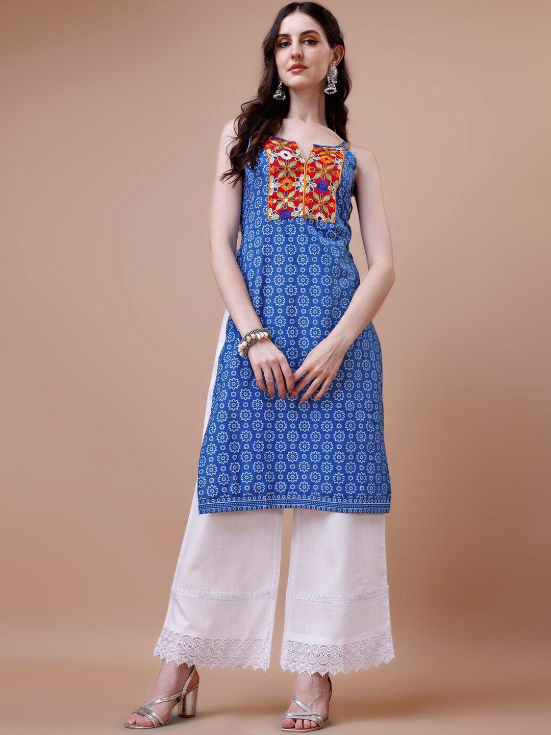 kalini floral printed sleeveless thread work patch work straight kurta