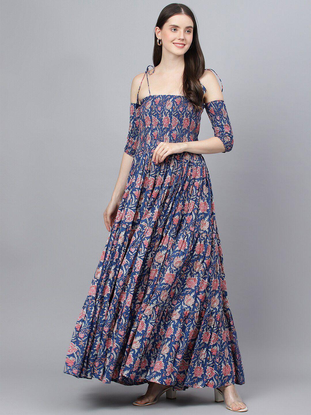 kalini floral printed smocked cotton fit & flare maxi dress