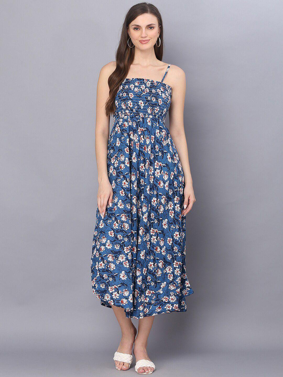 kalini floral printed smocked fit & flare midi dress