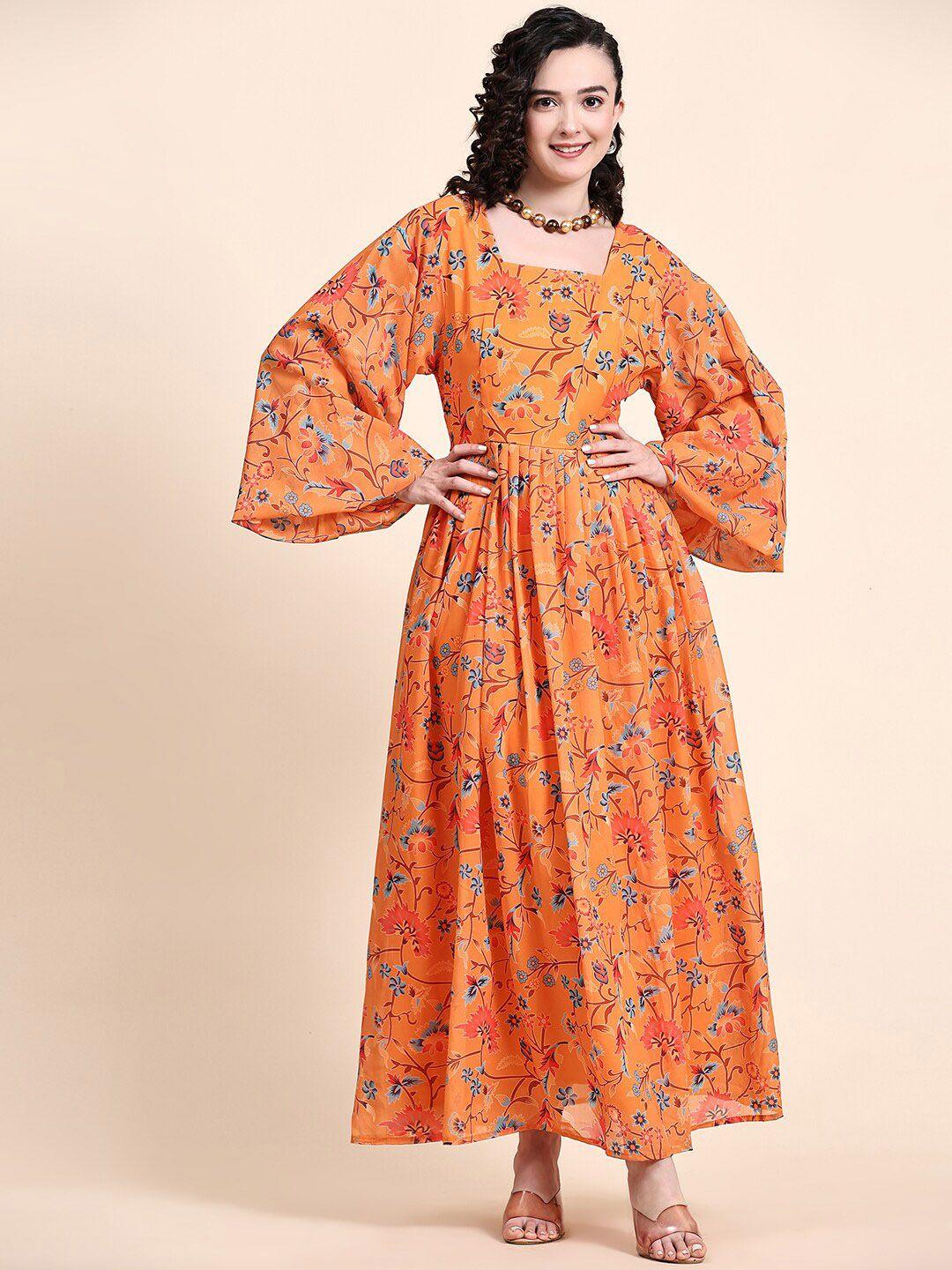 kalini floral printed square neck flared sleeves pleated georgette fit & flared maxi dress