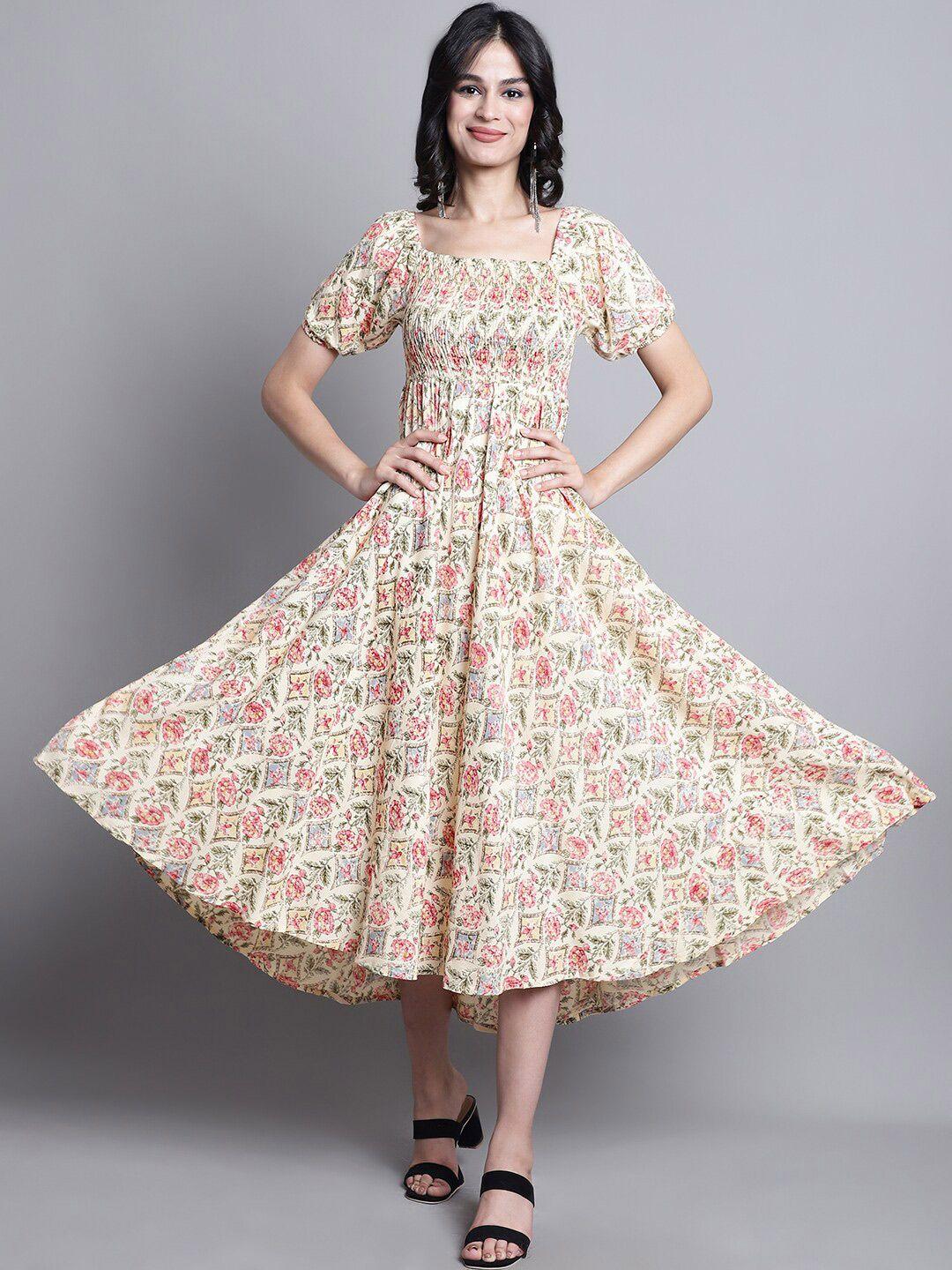 kalini floral printed square neck puffed sleeves smocked fit and flare midi dress