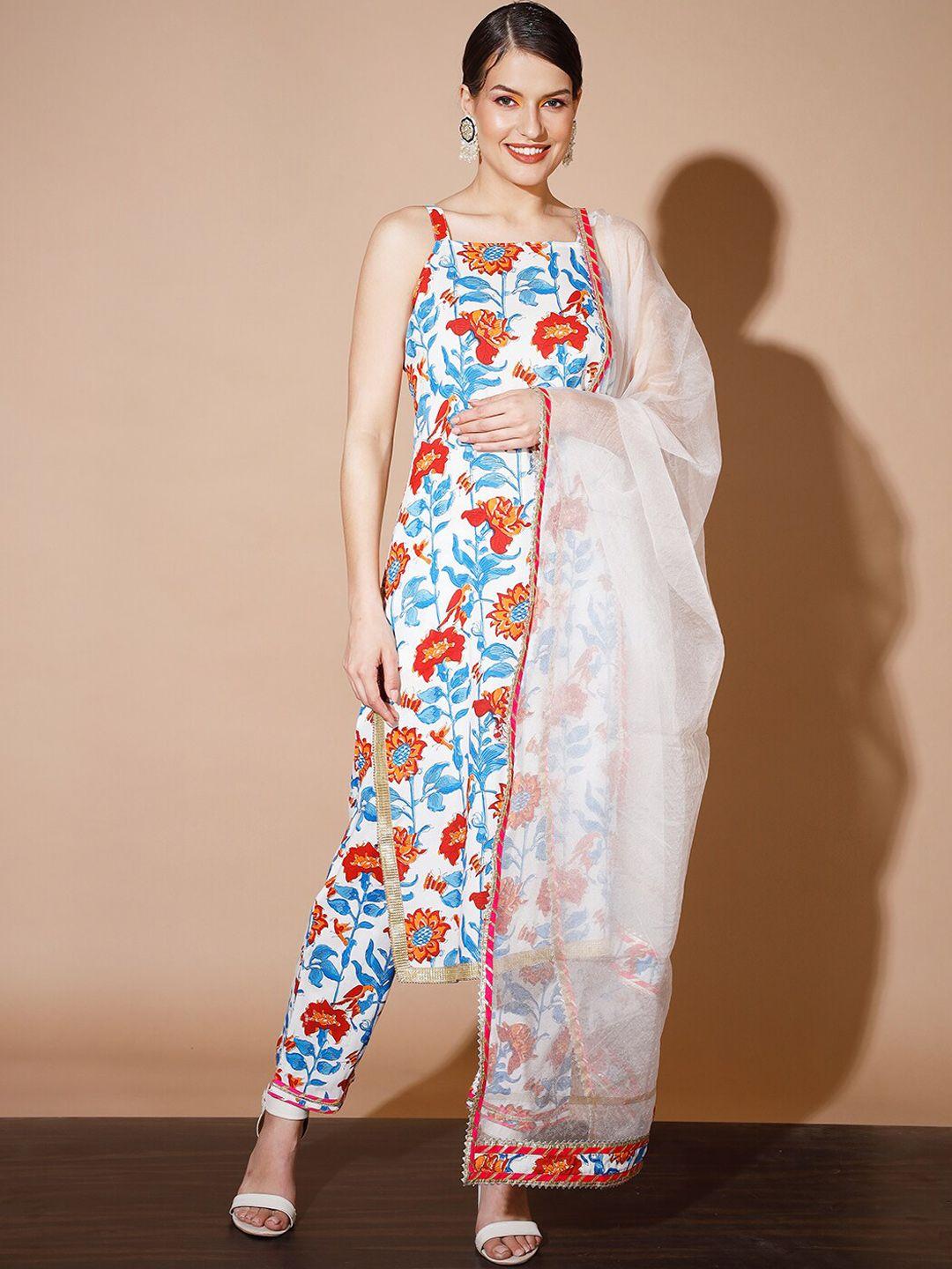 kalini floral printed straight kurta & trousers with dupatta