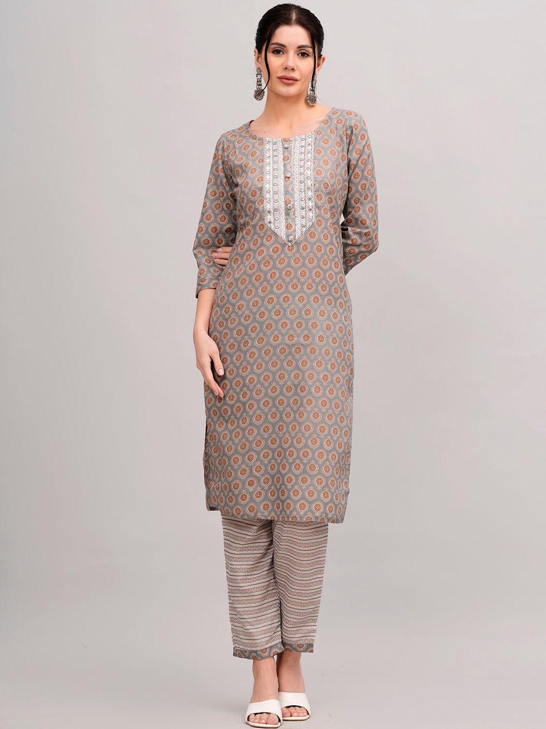 kalini floral printed straight pure cotton kurta with trousers & dupatta