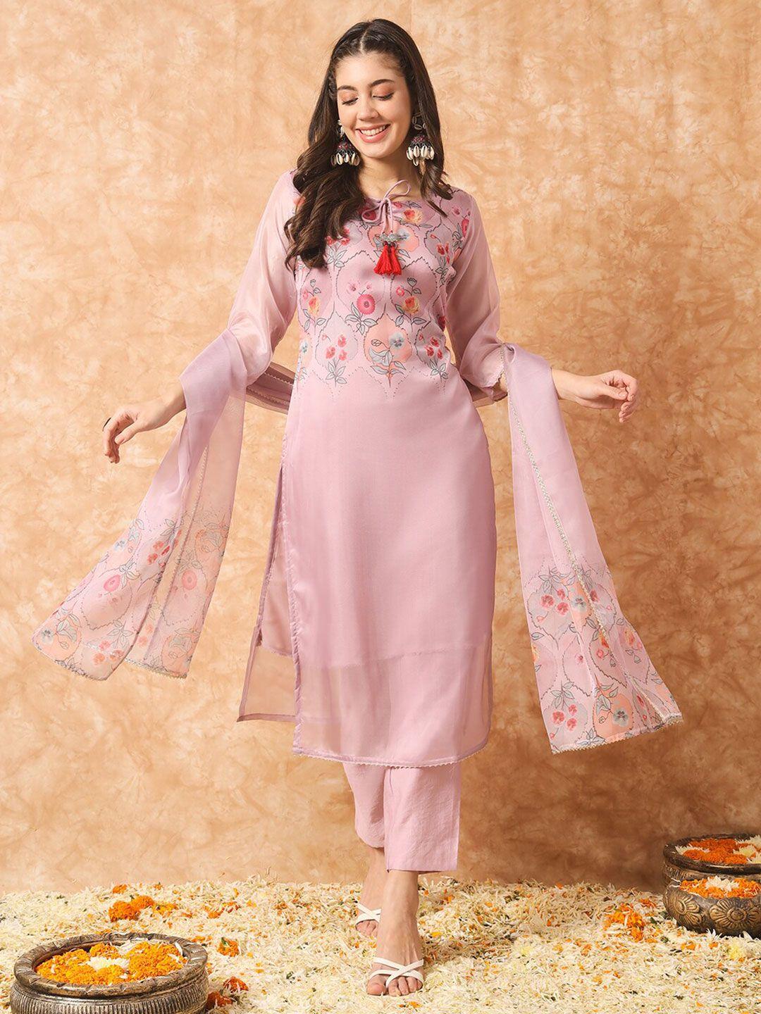 kalini floral printed straight silk georgette kurta with trousers & dupatta