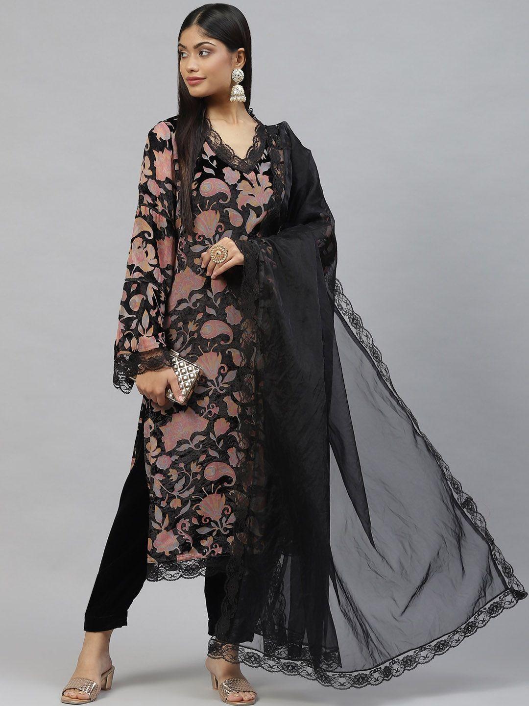 kalini floral printed straight velvet kurta with harem pants & dupatta