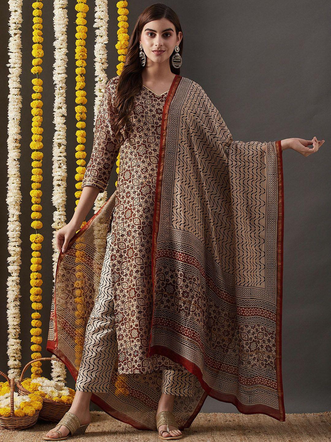 kalini floral printed sweetheart neck gotta patti straight kurta with trousers & dupatta