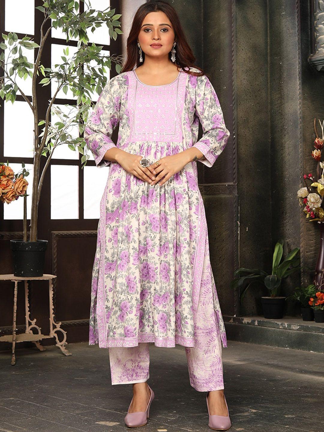 kalini floral printed thread work a-line kurta & trousers with dupatta