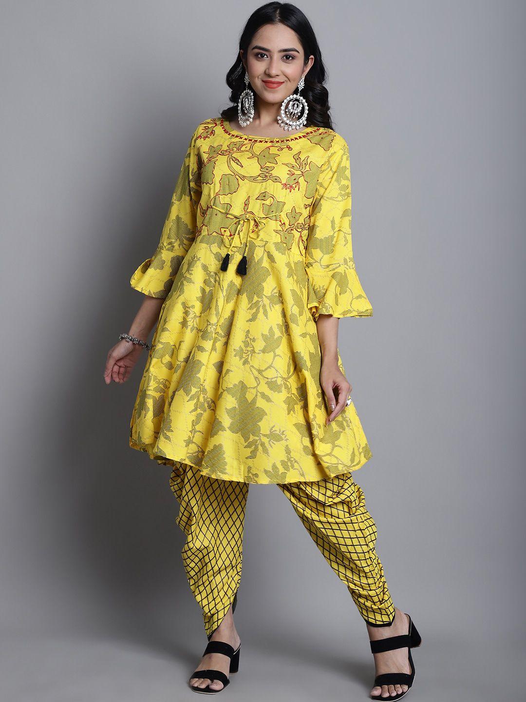 kalini floral printed thread work a-line kurta with dhoti pants