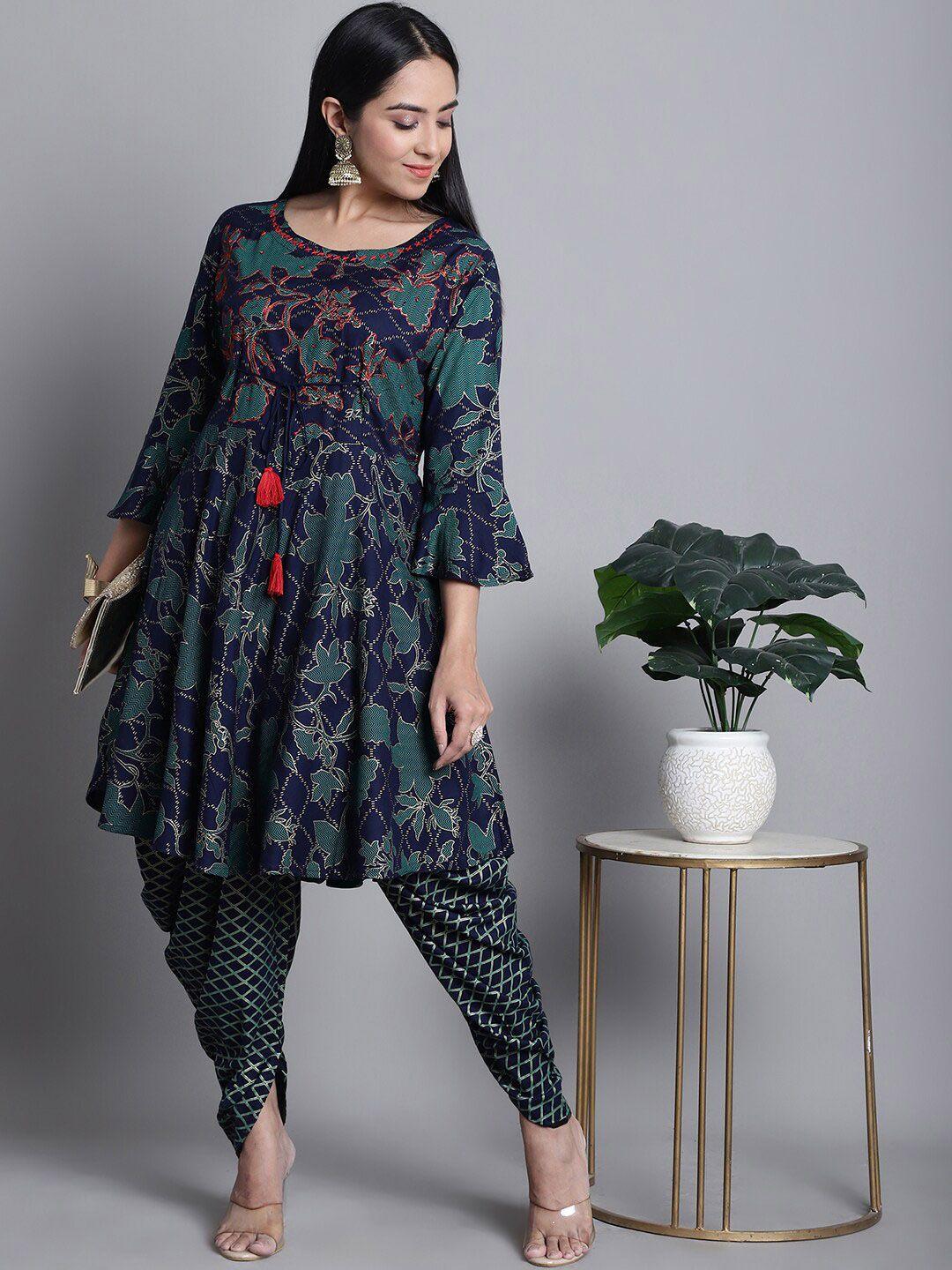 kalini floral printed thread work a-line kurta with dhoti pants