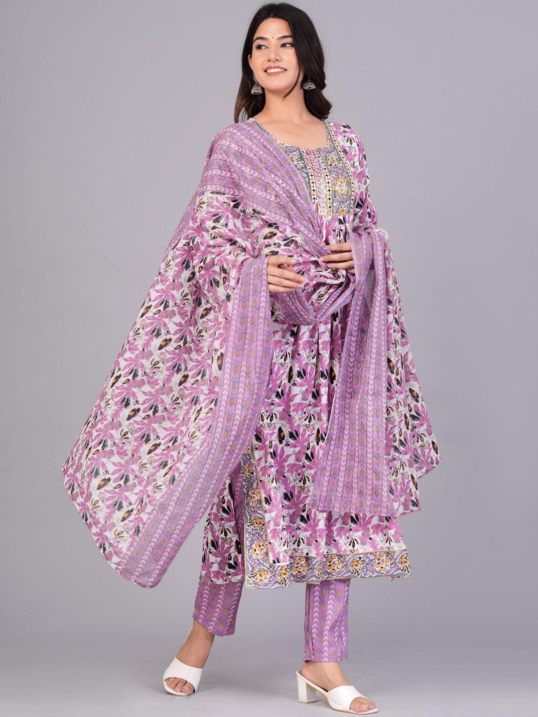 kalini floral printed thread work a-line kurta with trousers & dupatta