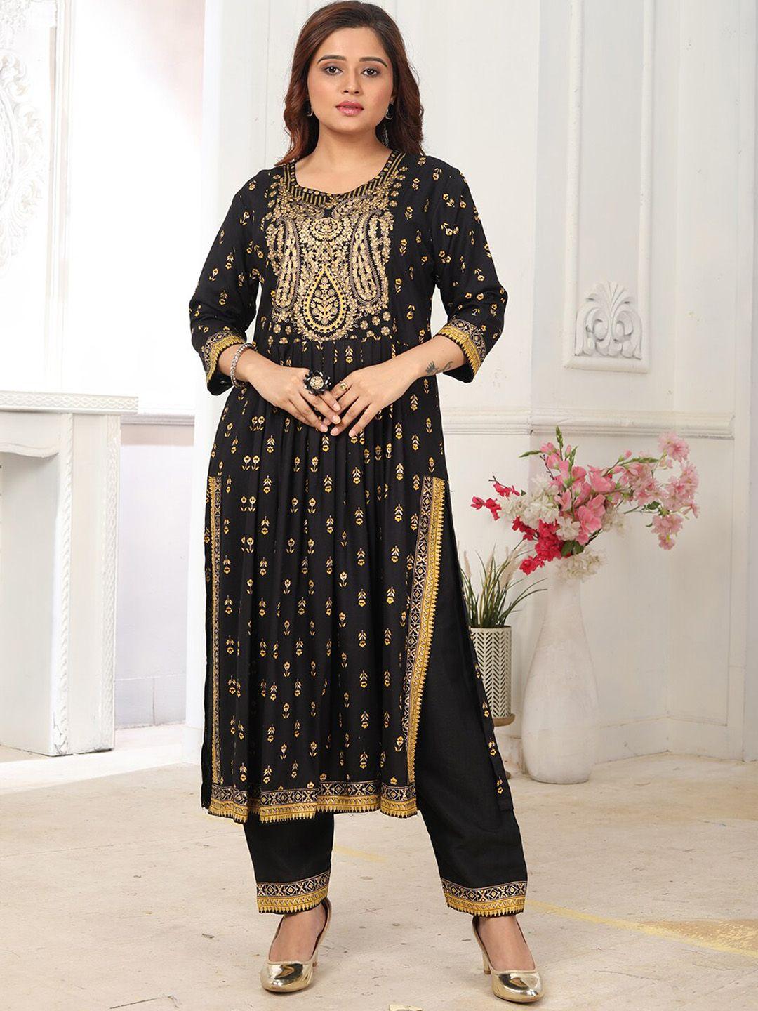 kalini floral printed thread work a-line kurta with trousers & with dupatta