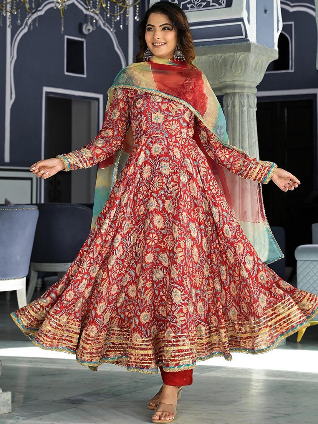 kalini floral printed thread work anarkali kurta & trousers with dupatta