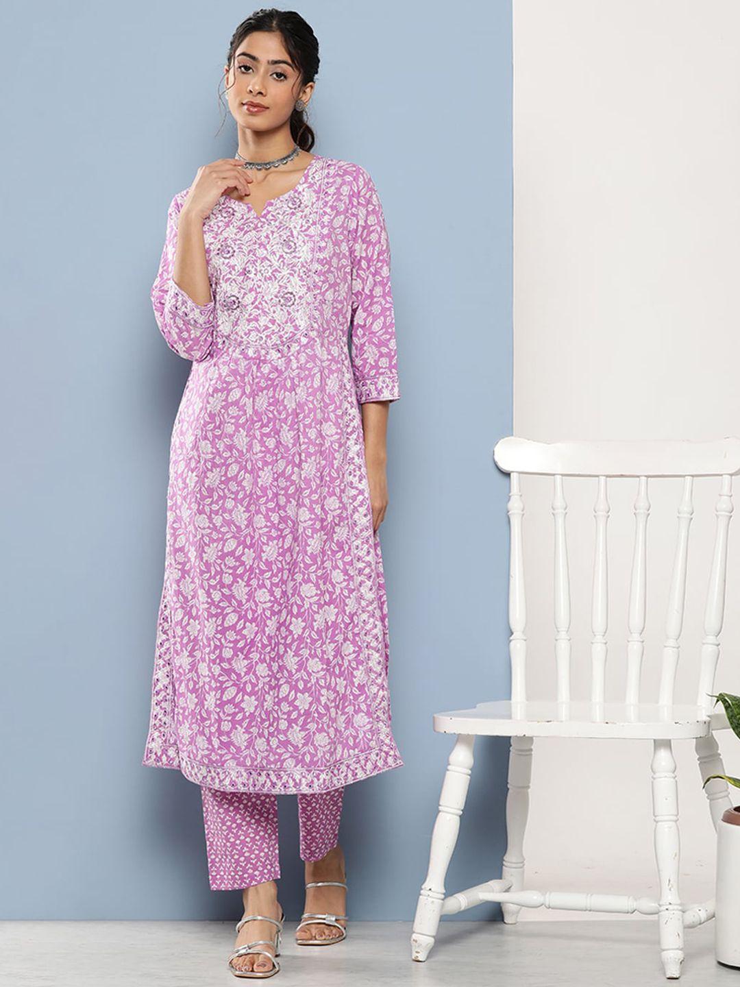 kalini floral printed thread work detailed pure cotton straight kurta with trouser